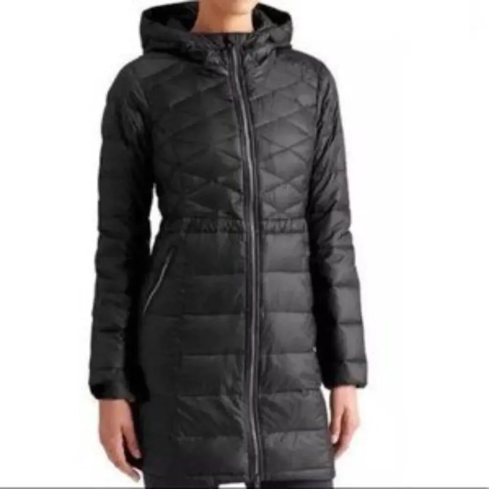 Athleta Long Down Puffer Coat Black Hooded Goose Down Parka Size S